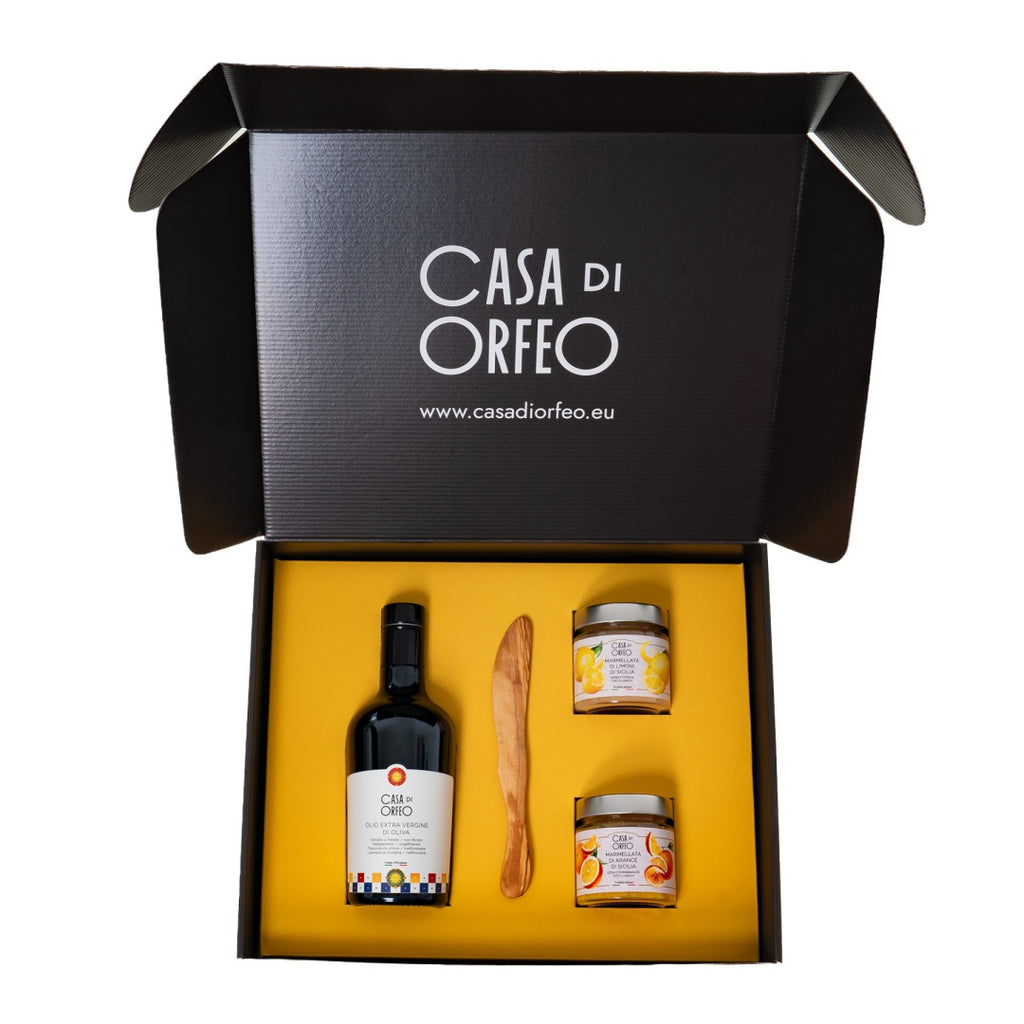 Buon Appetito – natives Olivenöl extra (EVO) + Orangen- und Zitronenmarmelade sowie Olivenholz-Messer
