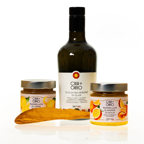 Buon Appetito – natives Olivenöl extra (EVO) + Orangen- und Zitronenmarmelade sowie Olivenholz-Messer