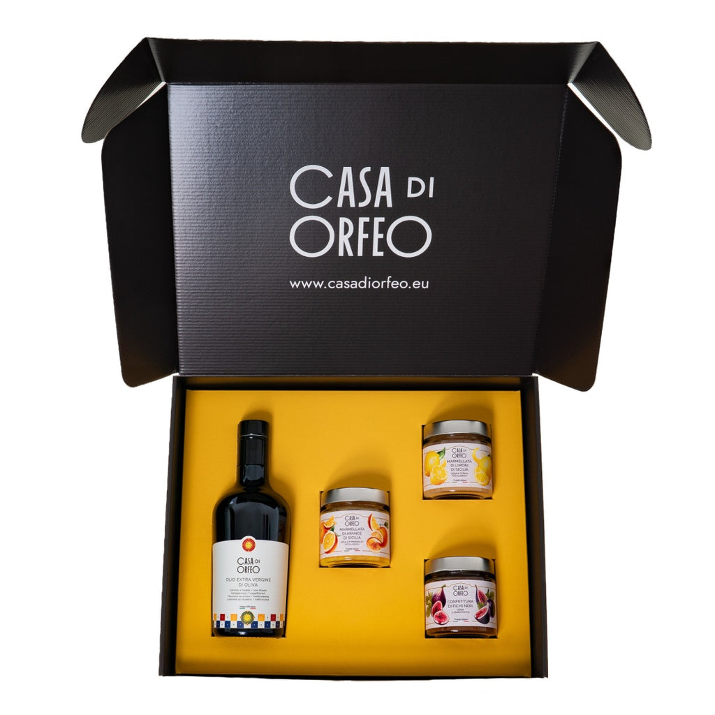 Dolce Vita – natives Olivenöl extra (EVO) + Orangen- und Zitronenmarmelade sowie Feigenkonfitüre