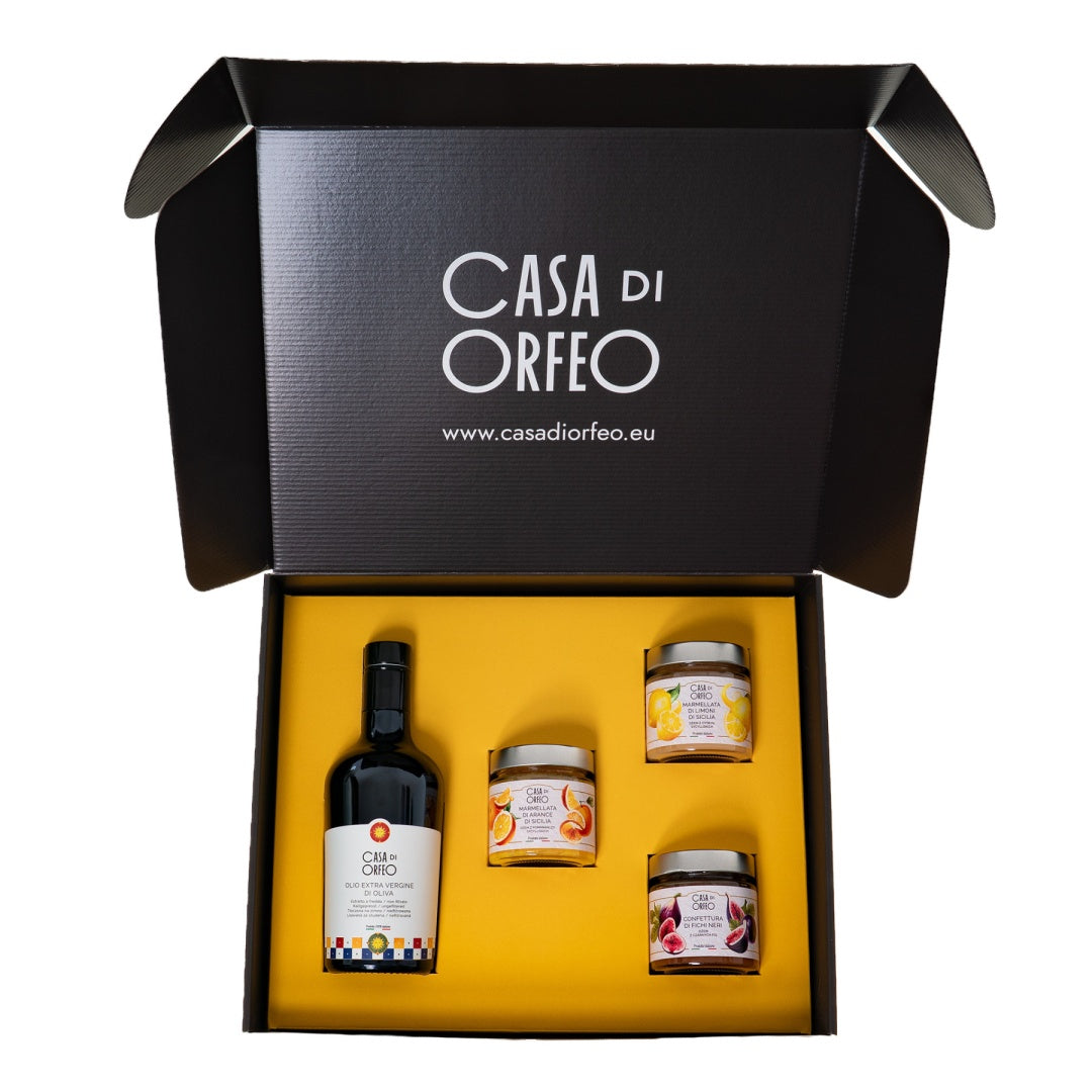 Dolce Vita – natives Olivenöl extra (EVO) + Orangen- und Zitronenmarmelade sowie Feigenkonfitüre