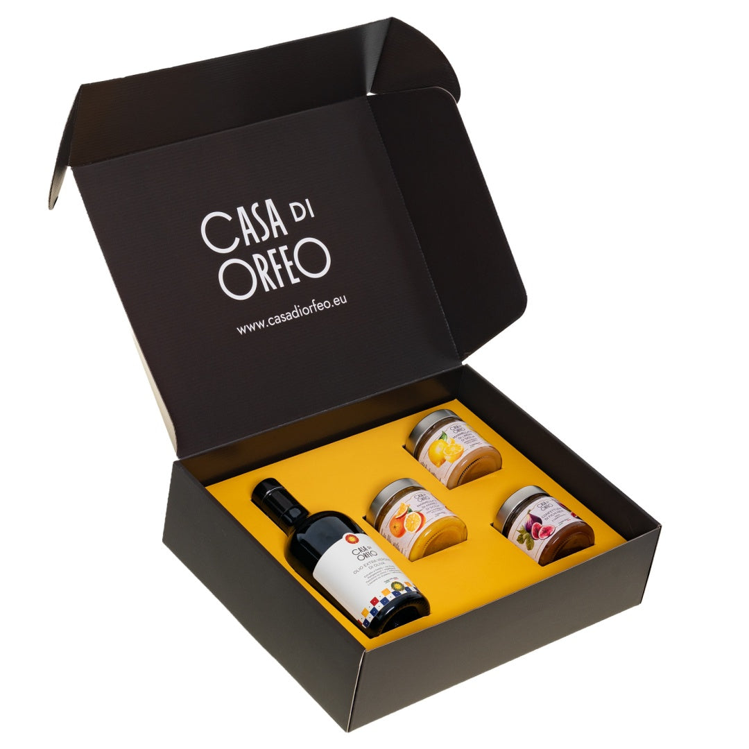 Dolce Vita – natives Olivenöl extra (EVO) + Orangen- und Zitronenmarmelade sowie Feigenkonfitüre
