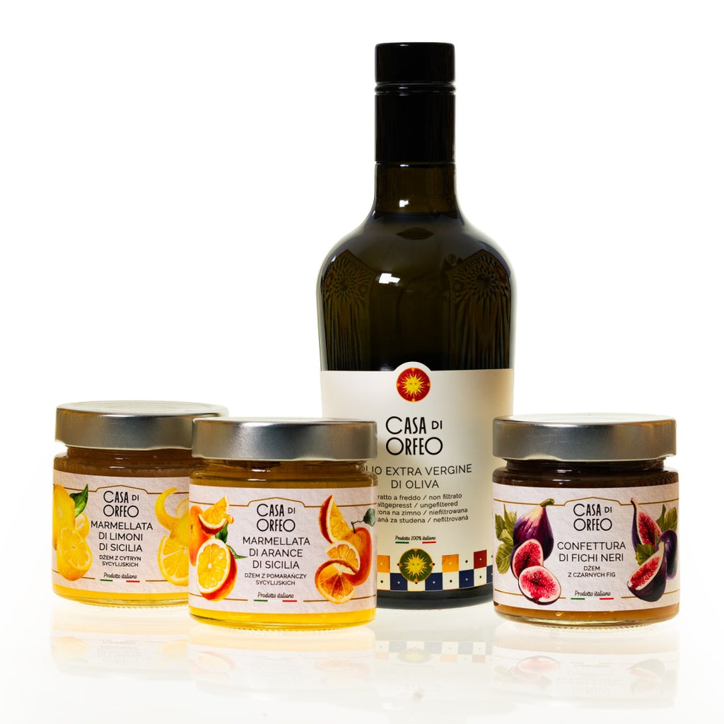 Dolce Vita – natives Olivenöl extra (EVO) + Orangen- und Zitronenmarmelade sowie Feigenkonfitüre