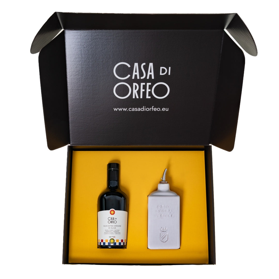 Italienisches Geschenk – natives Olivenöl extra (EVO) + Oliera Lattina Bianco 300 ml