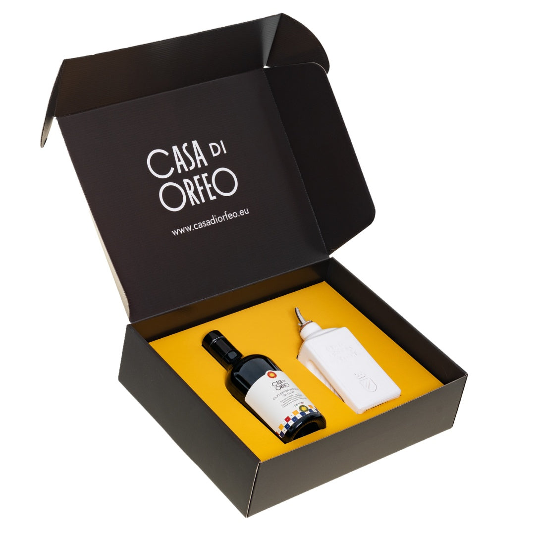 Italienisches Geschenk – natives Olivenöl extra (EVO) + Oliera Lattina Bianco 300 ml