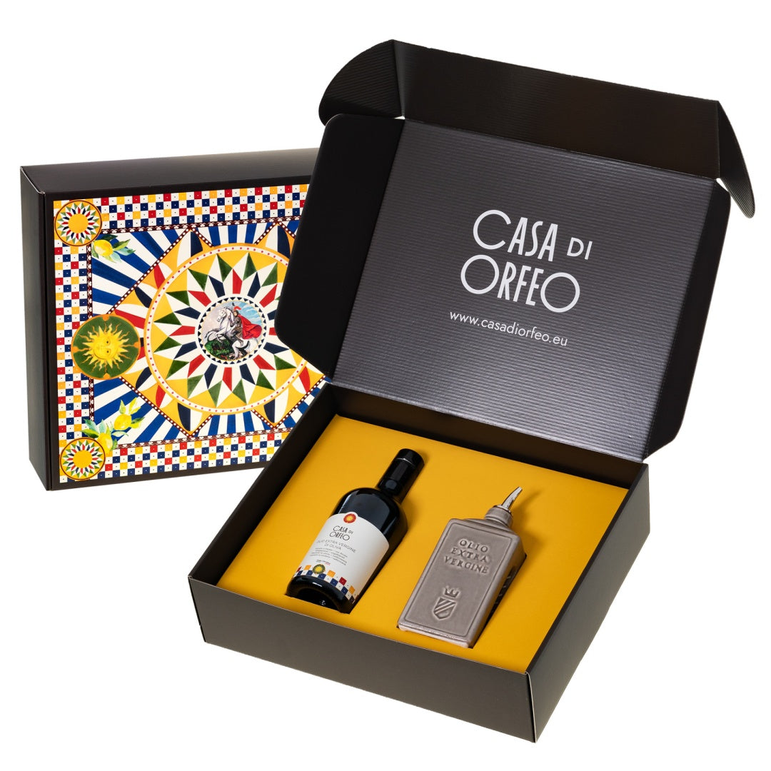 Italienisches Geschenk – natives Olivenöl extra (EVO) + Oliera Lattina Argilla 300 ml