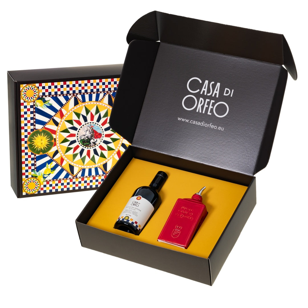 Italienisches Geschenk – natives Olivenöl extra (EVO) + Oliera Lattina Rosso 300 ml