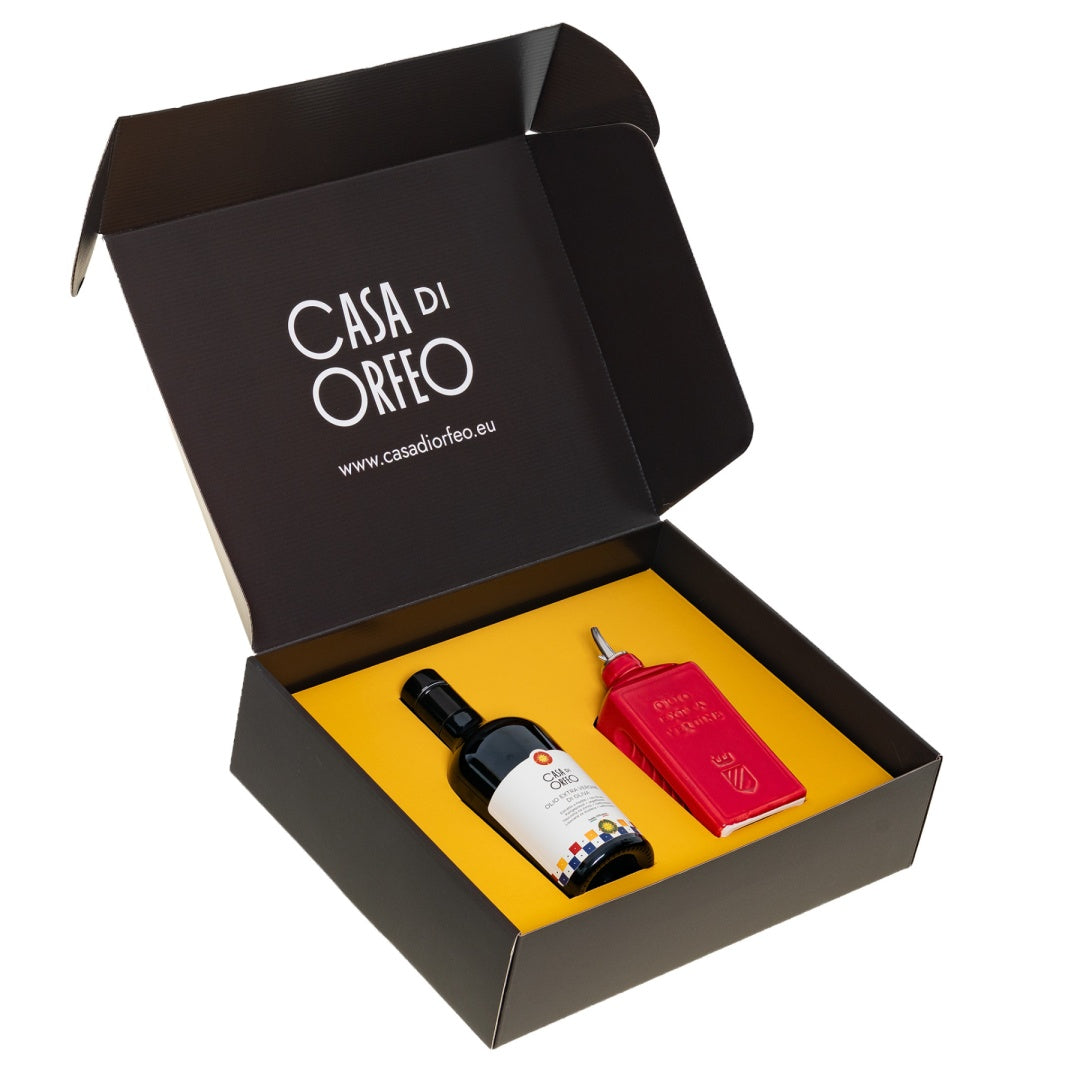 Italienisches Geschenk – natives Olivenöl extra (EVO) + Oliera Lattina Rosso 300 ml