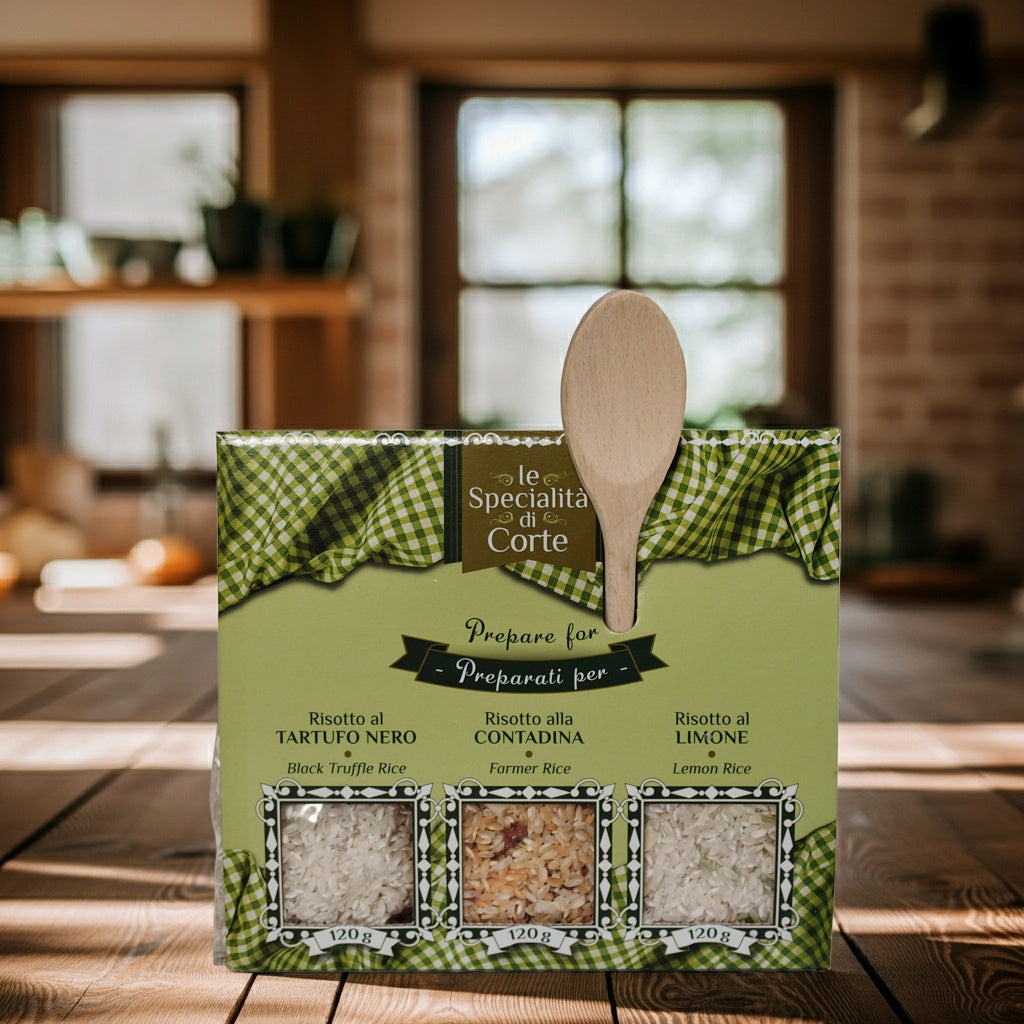Risotto-Set 3 × 120 g – Zitrone, alla Contadina und Trüffel + Holzlöffel