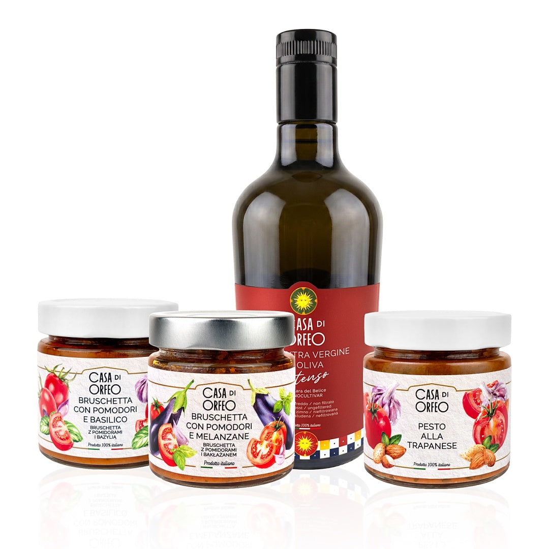 Sizilianische Tomaten – Geschenkset mit INTENSO Olivenöl, Pesto und zwei Bruschetta-Saucen – Bild 1