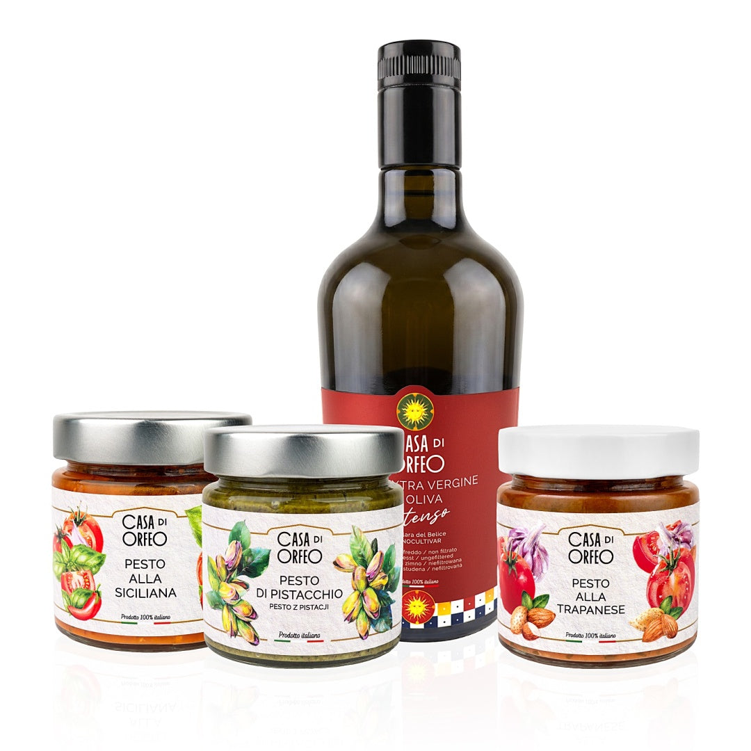 Sizilianisches Mittagessen – Geschenkset mit INTENSO Olivenöl und drei Pestos – Bild 3